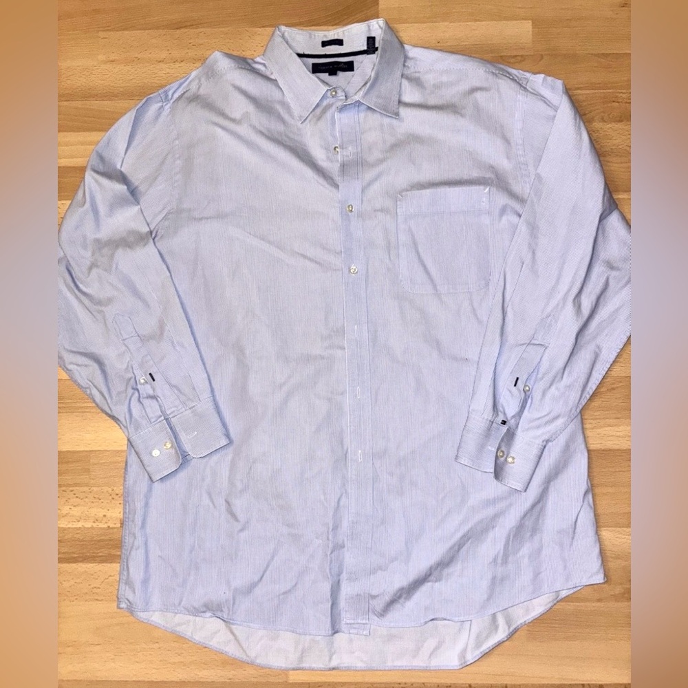 TOMMY HILFIGER Men's Long Sleeve Cotton  Shirt - Blue/White  - 17 1/2 - 32-33 XL
